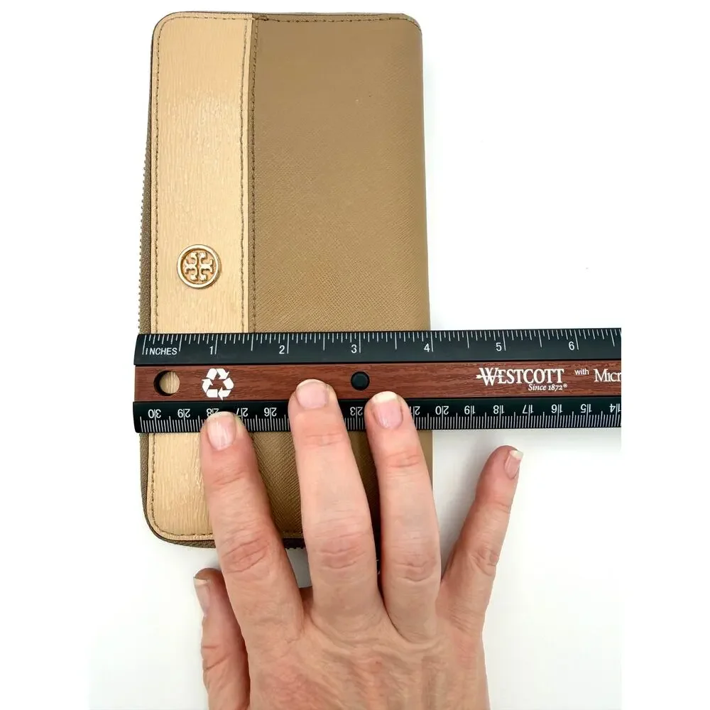 Tory Burch Zip Around Continental Wallet Tan Saffiano Leather Colorblock
